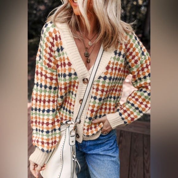 Sweaters - Boho Multicolor Geometric Cardigan Button-Front Cozy Knit Free People–Inspired 2